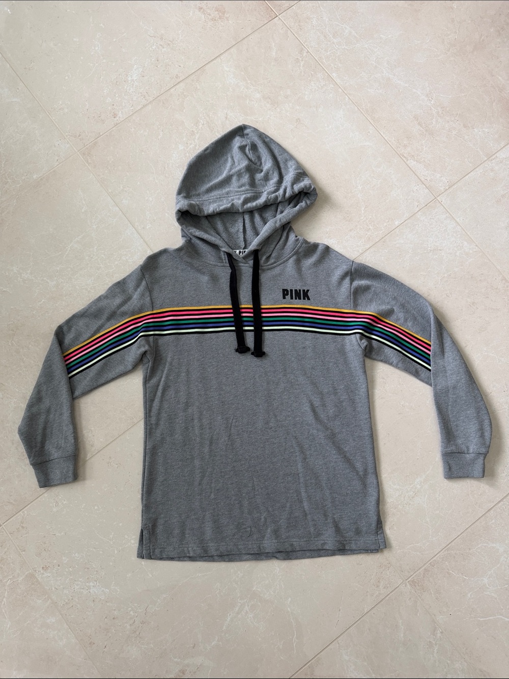 PINK Victoria's Secret Gray Hooded Sweatshirt with Rainbow Stripe